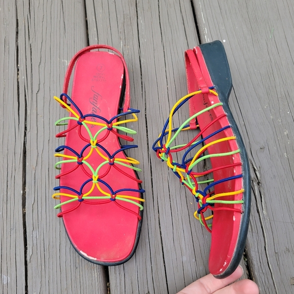 Vintage 90s y2k Rainbow Primary Elastic Strappy Caged Slingback Sandals 7 - Picture 1 of 9